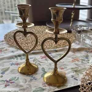 Brass Heart Candlestick Pair - Classic Gold Finish
